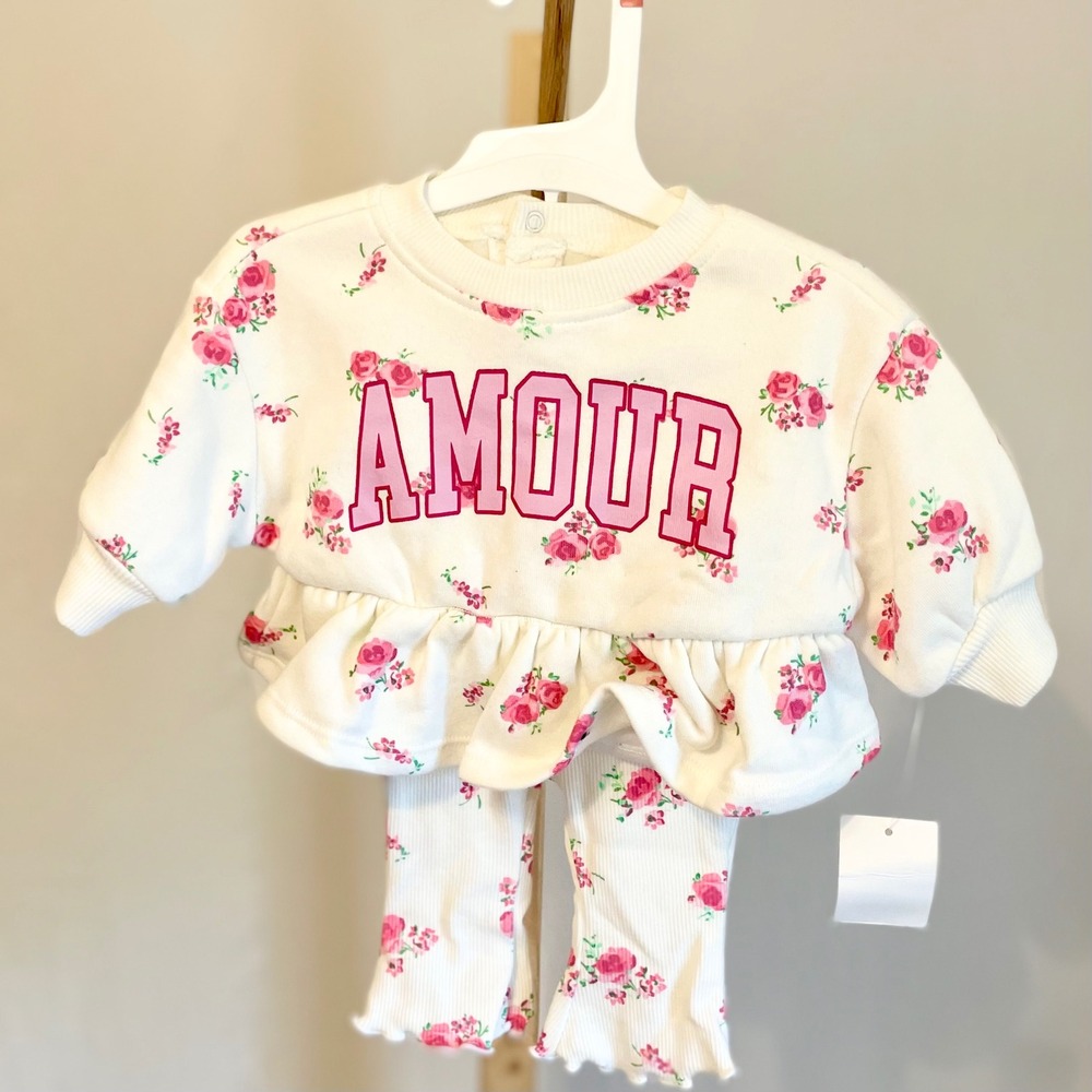 Baby Girls Amour Floral Peplum Sweatshirt and Ribbed Leggings Set Cream NB